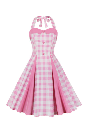 En Line Halter Hals Pink Plaid Pink 1950'erne kjole